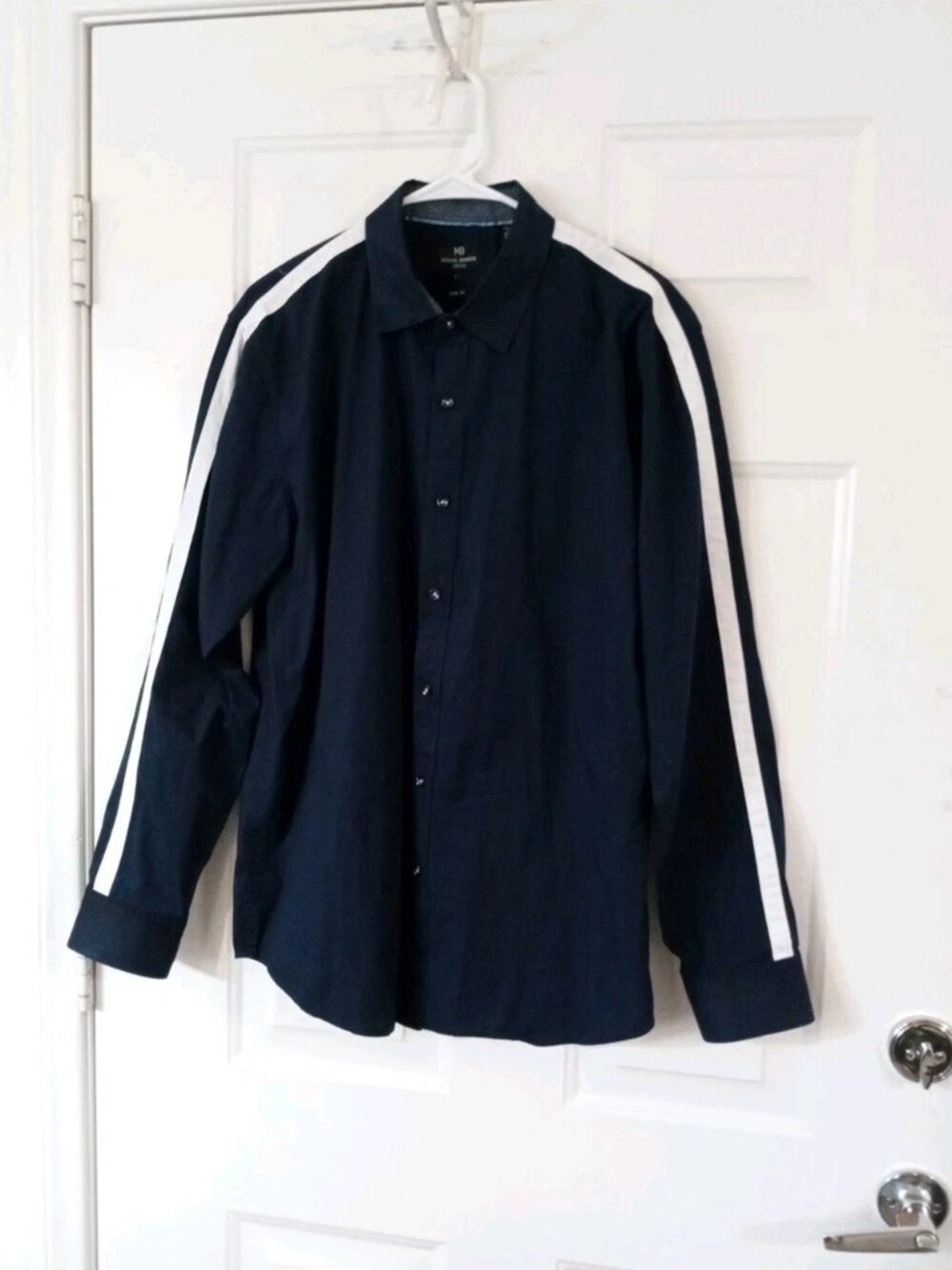 Michael Brandon Stretch Button Up Shirt Mens Large Slim Fit Navy Striped Sleeves